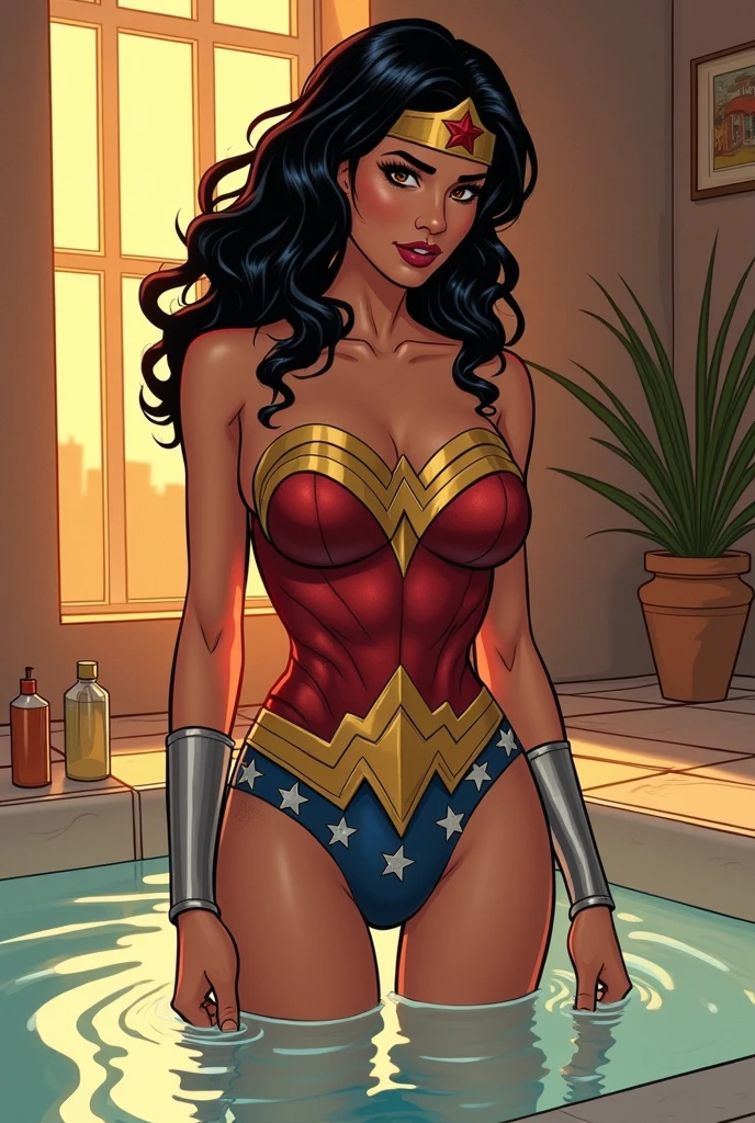 Gorgeous and sultry busty athletic (thin) brunette with sharp facial features and a (big hair) and (huge , long legs) wearing a star-spangled bikini, Americana, swimming pool, holding a beer bottle