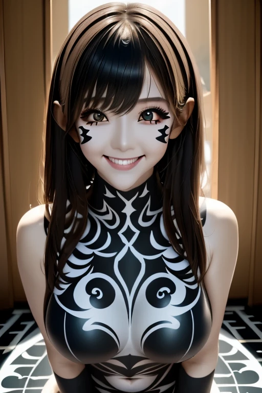 black hair, colored inner hair, pointy hair, shiny hair, medium hair, eyepatch, multicolored eyes, constricted pupils, devil eyes, longeyelashes, amber eyes, expressionless, unconscious, evil, Surrealism, conceptual art, anime style, glowing light, bloom, drop shadow, image fill, cowboy shot, lens flare, 8k, super detail, uhd, masterpiece, retina, anatomically correct, anatomically correct, super detail, high details, high quality, best quality, highres、nsfw,one woman,nurse's outfit,cleavage between breasts,large breasts,whole body,plump body,gleaming skin,muscular,expressionless,hospital,high quality,illustration,masterpiece,highly detailed,japanese、Eye patch、View here、Sexy nurse uniform、from the front、Background is detailed、colorful、Fractal Art、Creepy、wonder、Perverse、Eye patchに蛍光色の派手な模様、The entire body from the thighs up is captured in the frame.、A composition looking down from a low angle