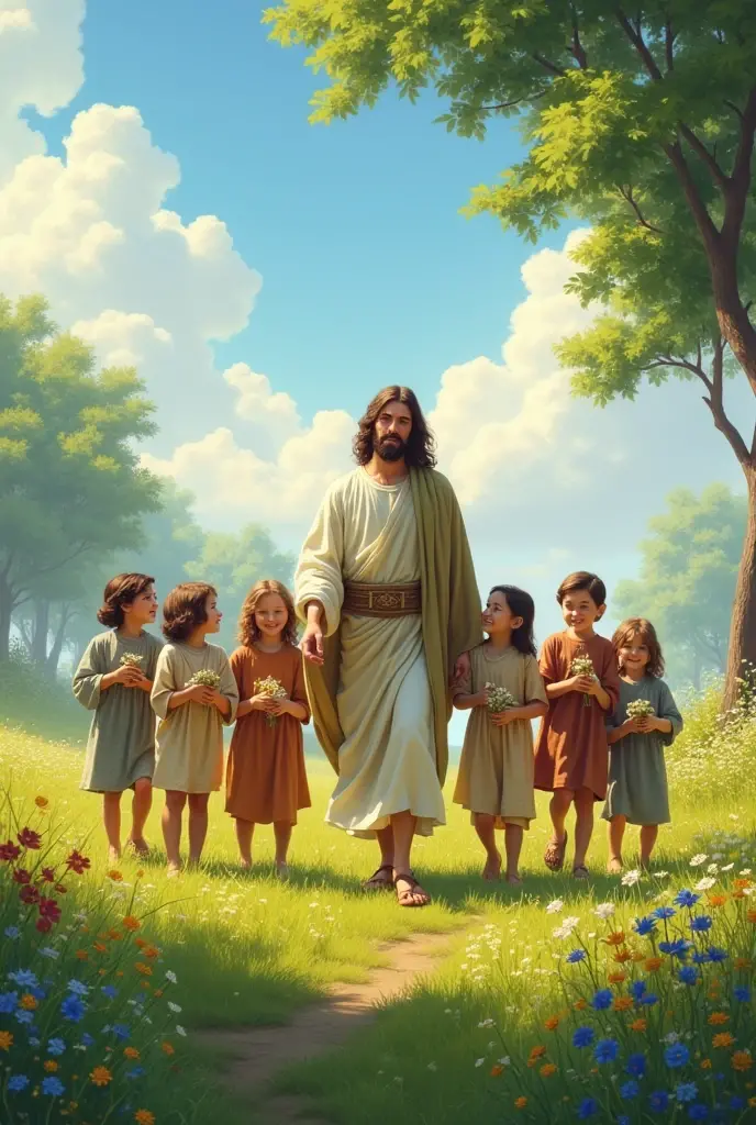 Jesus stands next to him children