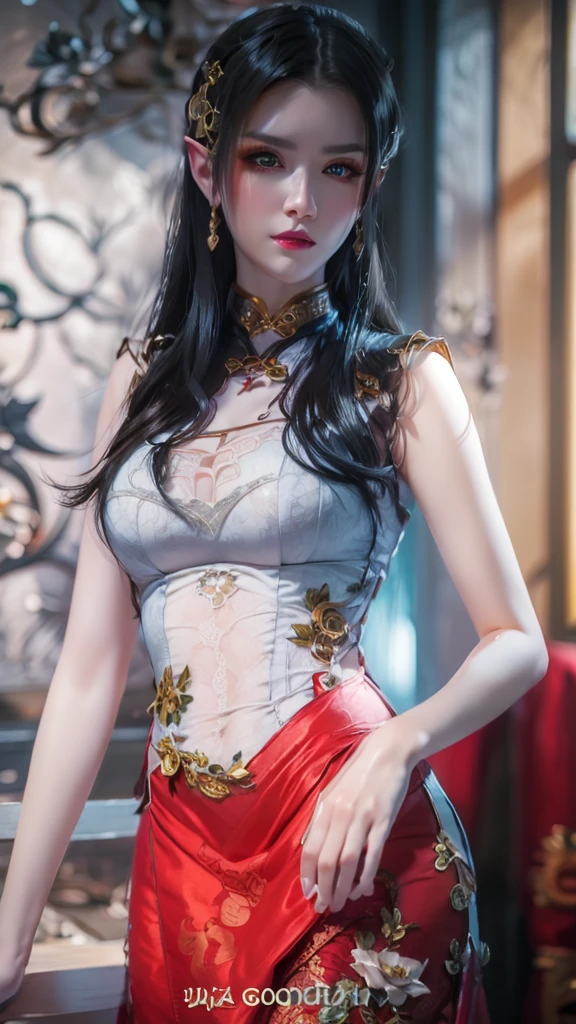 A very beautiful Medusa queen in hanfu, thin red silk shirt many yellow motifs, black la bce top, crown on her head, long hair dyed black , beutiful hair jewellery , pretty and cute face, perfect face, earring jewellery, big red eyes, sharp eye makeup, meticulous eyelash makeup, thin eyebrows, high nose, pretty red lips, no smile, pursed lips, rosy chicks, large breasts, big breasts, well- proportioned breasts, slim waist, read mesh stockings with black border, Chinese hanfu style, fictional art patterns, vivid and realistic colour, row photos, actual photos, ultra high quality 8k surreal photo, cool photo, ( virtual light effect: 1.8) 10x pixel, effect music (background) ( super details eyes: 1.8), (eyelids): red: 1.8 ), (black eye pupil: 1.8) beautiful girl portrait, alone girl, antique hanfu background, looking directly at the audience, wide original image, 8k quality, super sharp, most detailed clear images, detailed bright background,