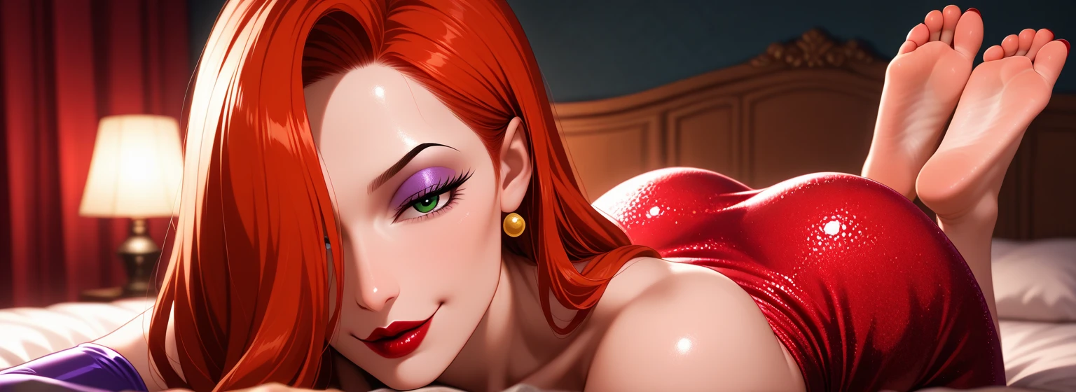 1girl, in a red very sexy mermaid dress black gloves,flirty smile,sexy look,silk fabric,bedroom, silk bedding, bun, very detailed lips and eyes, tiara