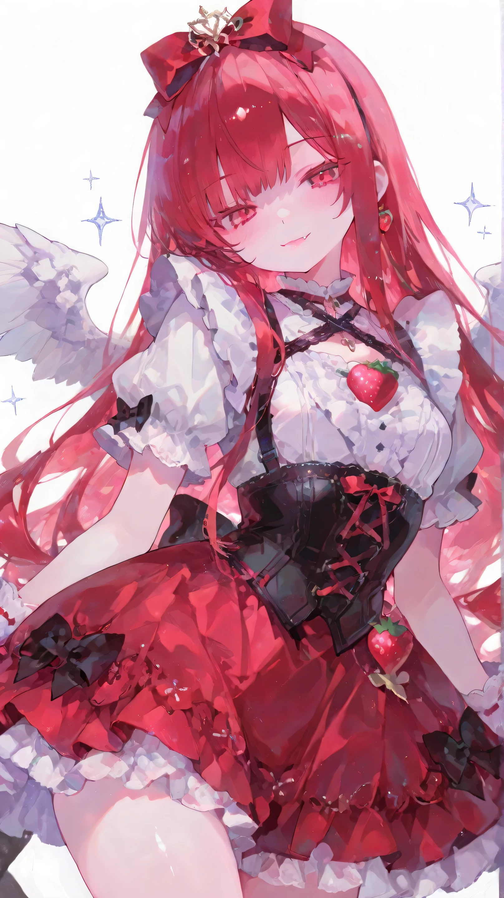 pastel style, white outline, holographic shadows, 1girl, solo, simple background, white background, detailed art style, smirking expression ,
Pale red hair, long hair, ロングshiny big bright red eyes, shiny big bright red eyes, soft fluffy shiny big bright red eyes, long Pale red hair with thick volume, lots of flowing hair, hair glitter, lots of tiny glitter, Sky blue shadows, bang,
strawberry accessory, pastel style, cute core , Cute collection ,
fluffy, rich skirt hem, コルセット風のレースアップribbon付きウエスト, multiple reflections of light、Sparkling crimson eyes, Long eyelashes like a doll, dense white eyelashes, 純白のLong eyelashes like a doll, thick, Snowy white eyelashes, shimmering bright white eyelashes, small fangs,
Naughty Smiles, small fangsが見えるからかうような笑顔, cunning smile, Pink Lips, Red cheeks, なめるstrawberry
襟元が高めの黒と白の服, frills dress, short fluffy sleeves, Lace cuffs,
赤のribbonで飾られた胸, red ribbon on her chest, High Waist Mini Skirt, frillsミニスカート, short flared skirt inspired strawberry, strawberry, ribbon, frills, bright red eyes rich in sparkle, black harness, corset-style lace-up ribbon at the waist, large ribbon bow on the back, Black harness, big ribbon, little angel wings, Very small wings, White Wings, simple wings,
ソフトなラッフルとdelicateレースで装飾されている, bright red eyes, Matches with the whole outfit ,
inspired by strawberry shortcake, delicate, Focus on layered lace, dreamy soft elements, dreamy expression, embellished with soft ruffles and delicate lace {x} cute and fantasy character design, Magical, Soft Style, cute core , Cute collection ,cute style,
Movie Pose, jumping, eyelashes dense white eyelashes, Pure white eyelashes, thick, Snowy white eyelashes, fluffy bright white lashes