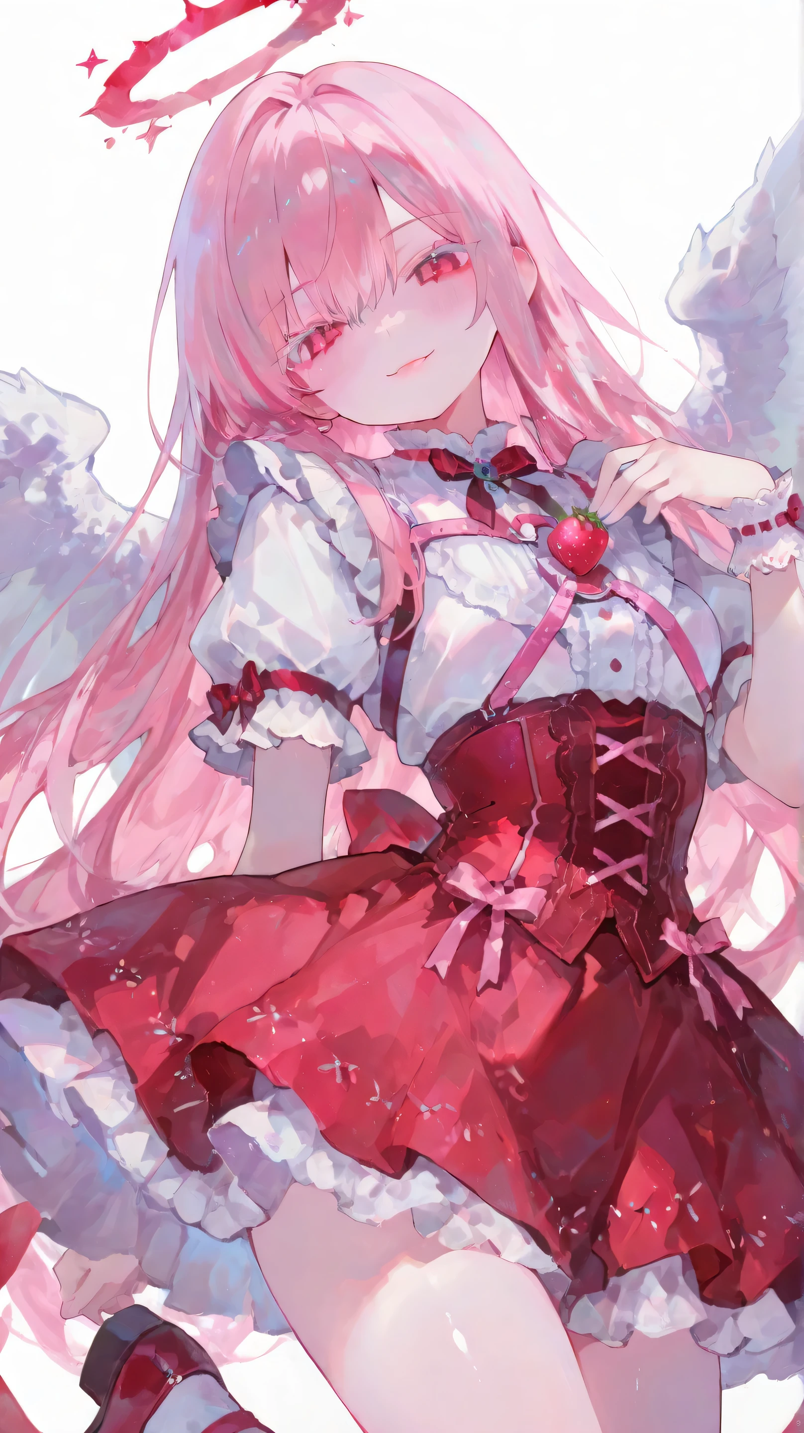   pastel style, white outline, holographic shadows, 1girl, solo, simple background, white background, detailed art style, Strong smiling face,
light pink hair, long hair, ロングshiny big bright red eyes, shiny big bright red eyes, soft fluffy shiny big bright red eyes, long pink hair with thick volume, lots of flowing hair, hair glitter, lots of tiny glitter, sky blue shadow, bang, 
strawberry accessory, pastel style,  cute core , Cute collection , 
Big sparkling red eyes, ウエスト部分のコルセット風の編み上げribbon, Shining crimson eyes that reflect light multiple times, Long eyelashes like a doll, Tightly stacked white eyelashes, 純白のLong eyelashes like a doll, thick, Snowy white eyelashes, Fluttering pure white eyelashes, small fangs, 
Naughty Smiles, small fangsが見えるからかうような笑顔, cunning smile, Pink Lips, Red cheeks, なめるstrawberry
襟元が高めのピンクと白の服, frills dress, short fluffy sleeves, Lace cuffs,
ピンクのribbonで飾られた胸, pink ribbon on her chest, High Waist Mini Skirt, frillsミニスカート, short flared skirt inspired strawberry, strawberry, ribbon, frills, Sparkling bright red eyes with rich highlights, Pale Red Harness, corset-style lace-up ribbon at the waist, large ribbon bow on the back, Pink Harness, big ribbon, little angel wings, Very small wings, White Wings, simple wings,
ソフトなラッフルとdelicateレースで装飾されている, Voluminous fluffy skirt end,  Matches with the whole outfit ,
inspired by strawberry shortcake, delicate, Focus on layered lace, Dreamy soft elements, dreamy expression, Cute, fantasy-inspired character design, Magical, Soft Style,   cute core  , Cute collection ,cute style,
Movie Pose, jumping, eyelashes Tightly stacked white eyelashes, Pure white eyelashes, thick, Snowy white eyelashes, Fluffy pure white eyelashes