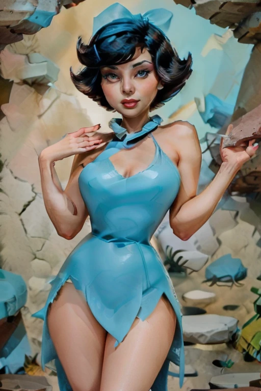 nari , blue eyes, dark brown hair with blue diy, short hair, big breasts,big silver jhumka earrings ,hair ponytail , lipstick , mini strapless dress, stocking