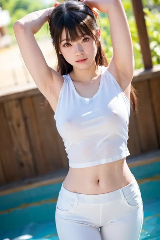 (masterpiece:1.2), highest quality, high resolution, realistic, (One Japanese girl is standing, The girl is a cute tennis player and 16-year-old), (upper body), (Not wearing a bra, small breasts, The shape of the nipples can be seen through the clothing), upper body, Baby Face, Small breasts, slender ,Young appearance, (((sweaty armpits))) , Armpit depression, Oiled shiny armpits:1.15 , Shiny armpits:1.15