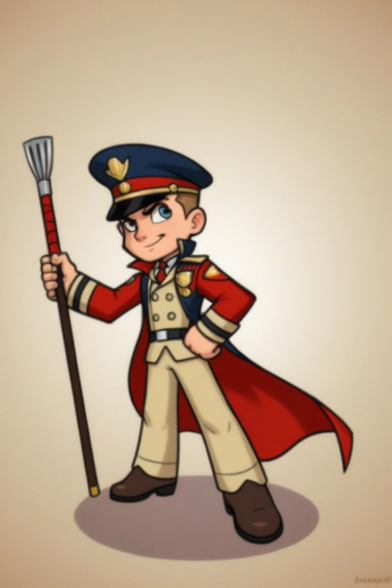 Masterpiece, high quality, young boy, ocher knee-length military uniform, holding a pistol in hand, brown small beret, facing forward, looking at camera, full body, center of screen