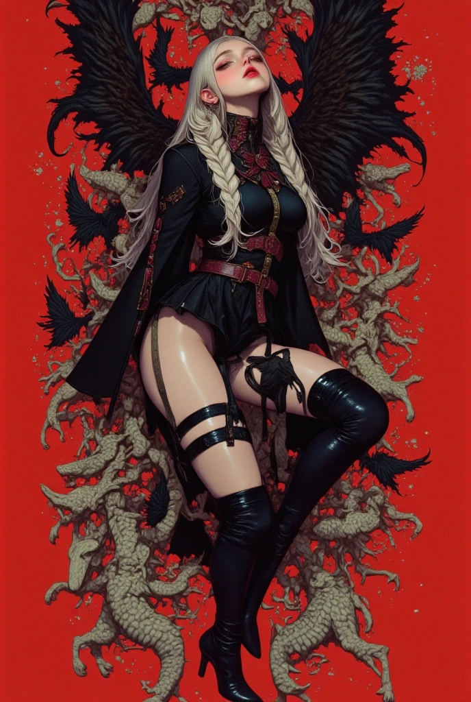 (Image of a woman from head to toe), model sheet image, whole body to show, two figures one front and one back, succubi, short clothes, vampire costumes, big breasts, big ass, sensual. WLOP style, slightly fat, extremely short and sexy clothes, vampire costumes, grid shaped pantyhose, large breasts, big ass, sensual, castlevania symphony of the night style hair, wavy hair, very light blonde. Details of the black and red maple clothing, black eye shadows, demon eyes, open mouth showing teeth, blood dripping from the mouth, blood dripping from the hands, very long nails.