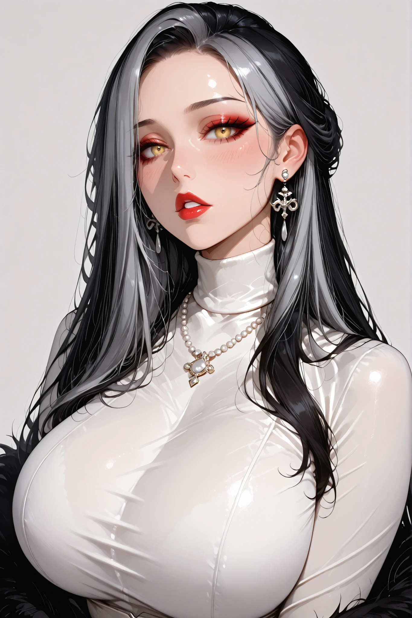 One woman ,long wavy hair ,red lipstick,sharp jawline,face makeup,mole under right eye, hoops earrings, perfect mature body,cleavage, turtle neck Black sweater,white jacket ,pants,grey hair, purple eyes,