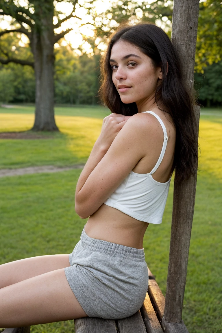 Little girl 20 year old, usa woman, complexion robusta, piel morena oscuro, hair straightened, luz natural, sonrisa timida, posa en un parque con árboles y bello campo, topples falda escolar, Sitting, raising her levemente leg, revealing her white underwear under her skirt