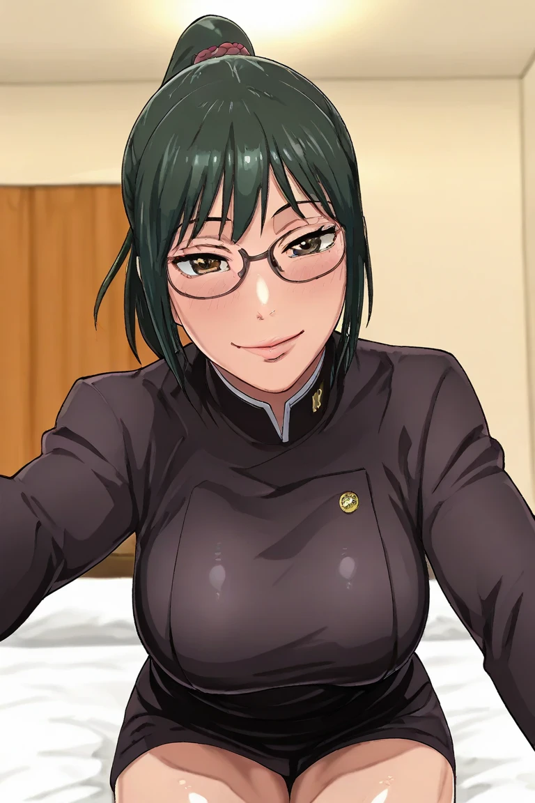 Maki, beautiful girl, nude, naked, dark green hair, ponytail, glasses, large breasts, big breasts, big , pink nipples, nude, slim, sexy, tall, nude, half body, upper body, smile, detailed, masterpiece, (1girl), (mature female:1.5), milf, pov, penis, oral, hetero, 1boy , licking, tongue out, licking penis, medium penis, long penis, nude, naked, large breasts, ((licking, tongue out, licking penis, small penis)),