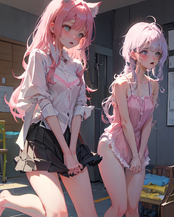 Kururu sensei, pink hair, twin tails, underwear, white underwear, tense underwear, underwear, small breasts, crying face, crying, drooling, scared, crotch open, showing off crotch, sweat-wet skin, abandoned house