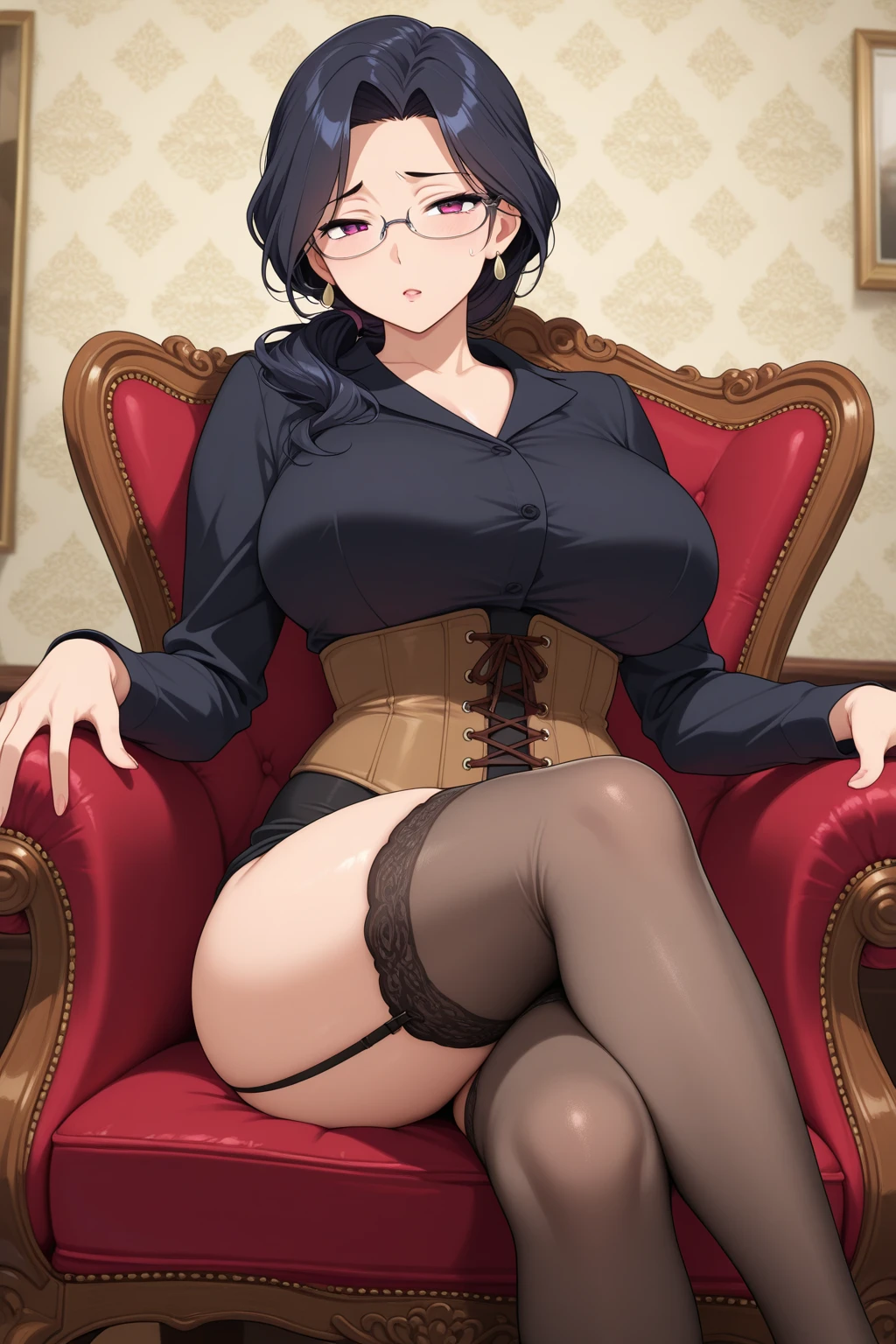 tmasterpiece, best qualtiy, A MILF,Beautiful and delicate love eyes, Extremely detailed face,Heavy makeup,Glasses, Open shirt, Black bra, cleavage, Large of breast,big assa, pencil skirts, Pantyhose, High heels, view the viewer, arms behind head,Temptation in the eyes,ssmile,opening legs,squating, lounge room