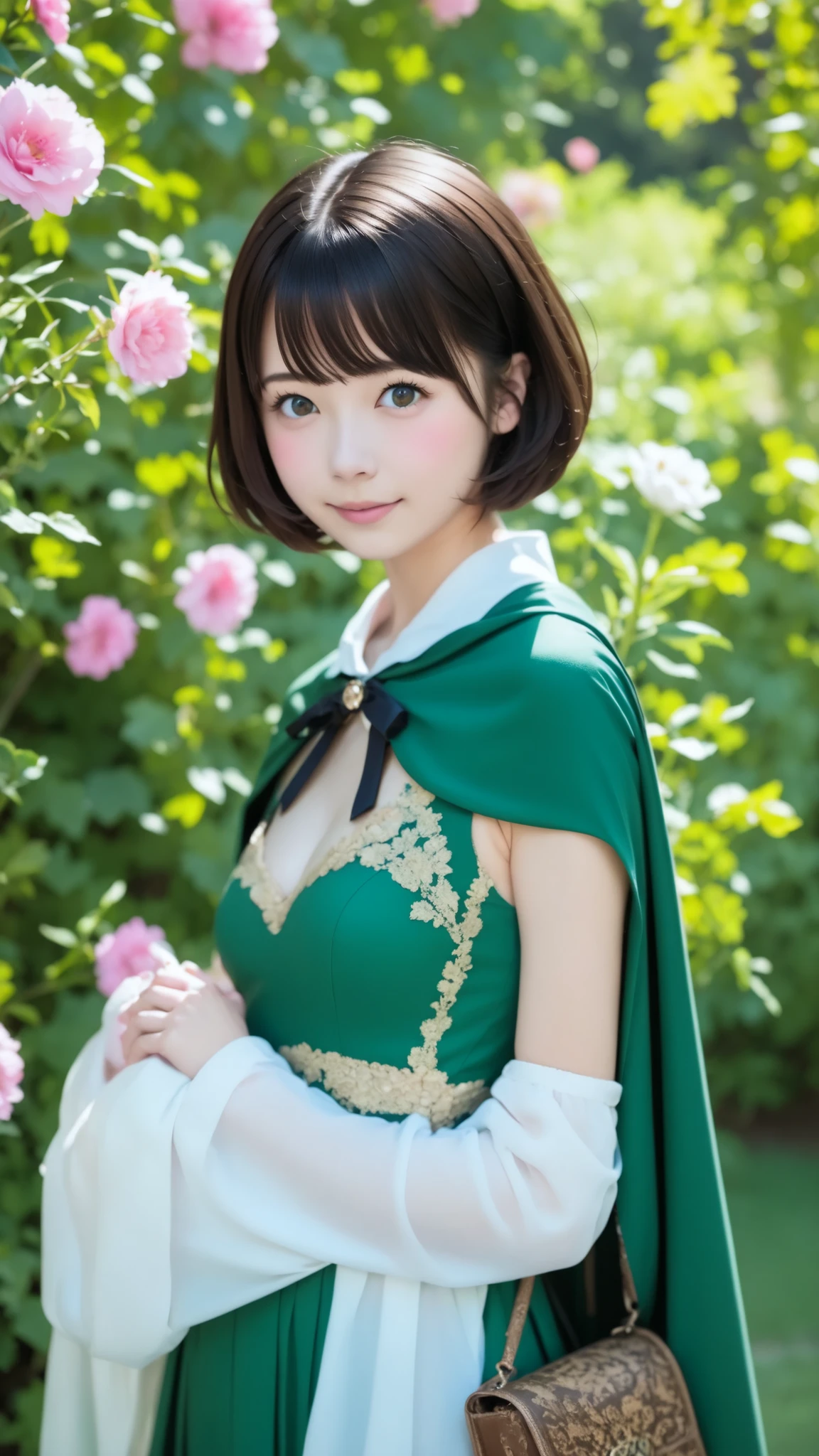 Ivyの貼ったwhitewall、whitewall、whitewallの前に花束を持った女性が立っている,   is so cute 、 TEENAGER , super cute girl、  black hair、 short hair,   Short Bob with Sisters 、  lo-fi girl  , Ivy, wearing blue-green clothes,  with flowers, with cape, cape, green clothes,  photoshoot, Smooth input _ Background,   lo-fi girl  のaesthetics, 🤤   Portrait of a Girl  ,   beautiful !!, LONGWEAR  ,  loose clothing,   relaxed attitude  ,  aesthetics