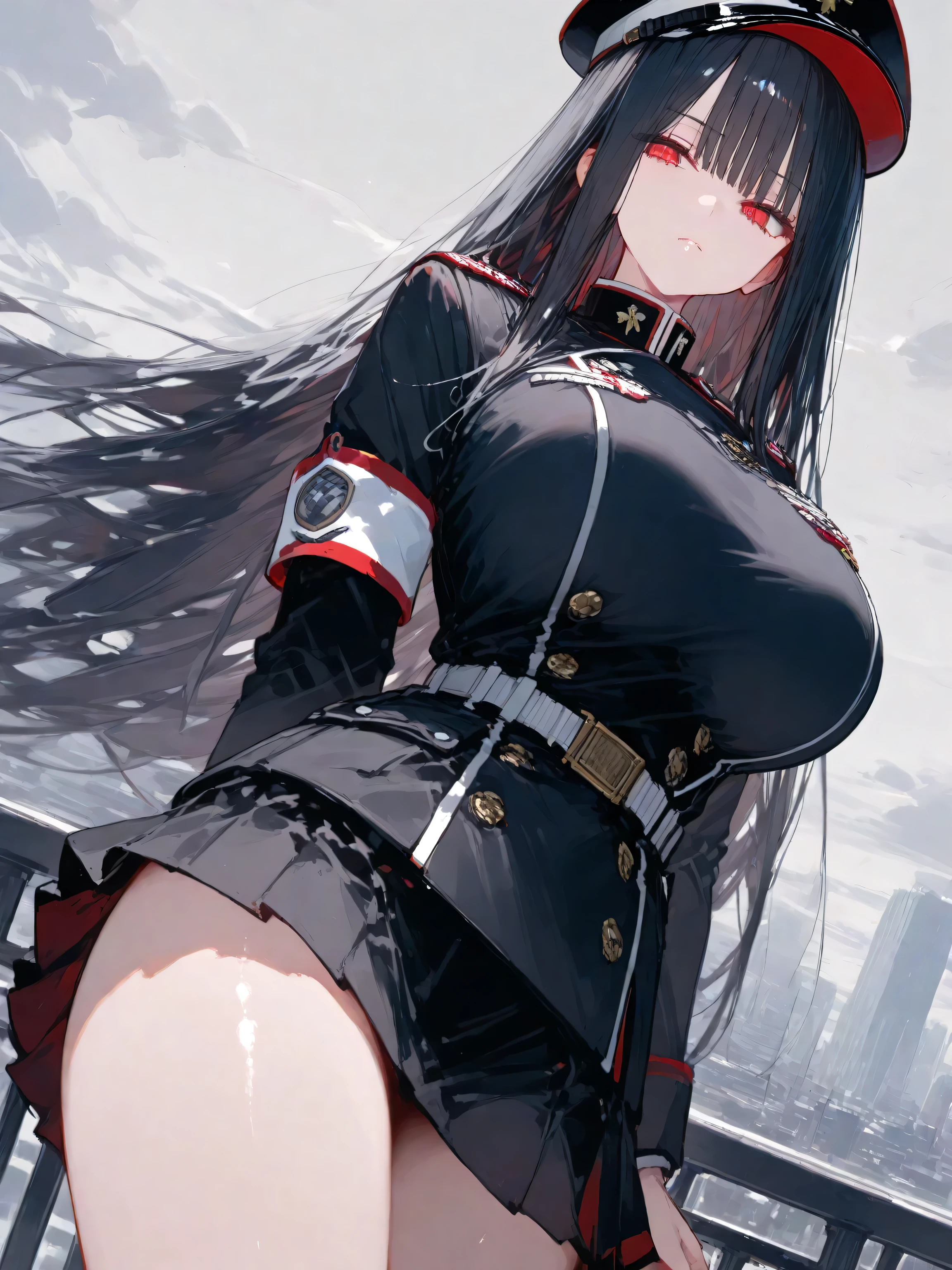 absurd resolution, high resolution, (Meisterwerk: 1.4), Hyper-Detail, Young girl's messy long black hair, Schwarzer Bikini, White cap, sweet, smiling , Schwarze Stiefel, Steht, Stadt, Streetlook, Perfektes Gesicht