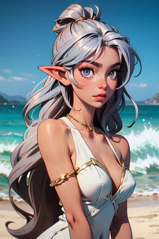Ultra-high image quality 32K,Very beautiful elves,very large breast:1.9,((One piece that shows the chest)),sea side,Soio,((Breast milk squirting))