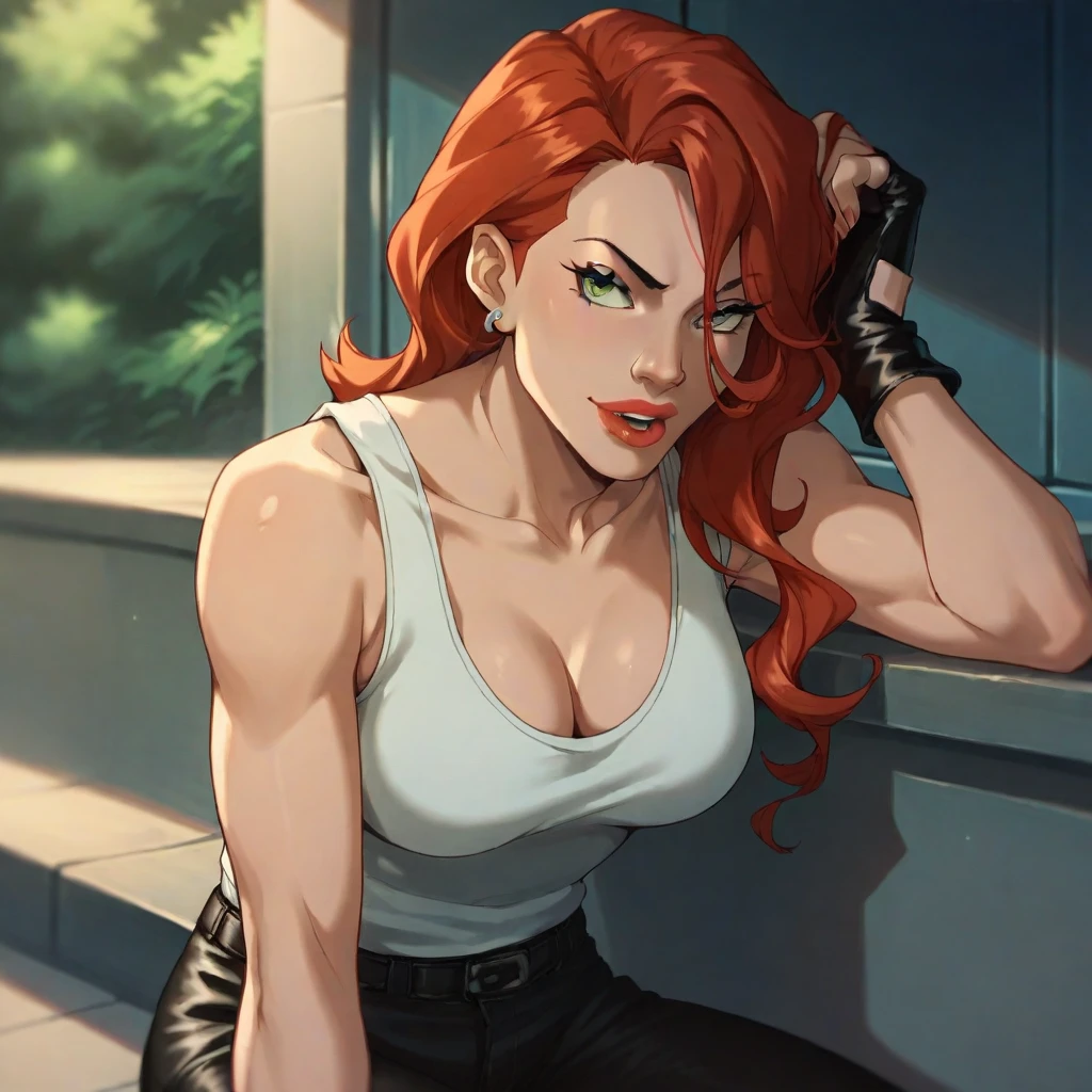 (masterpiece, best quality), thepit, 1girl, 20yo, solo, breasts, lips, plump lips, lipstick, blue eyes, (red hair, ponytail), back view, turn back, annoyed, angry, screaming, face, looking at viewer, sport bra, close up, <lora:thepit-10_v3:1>