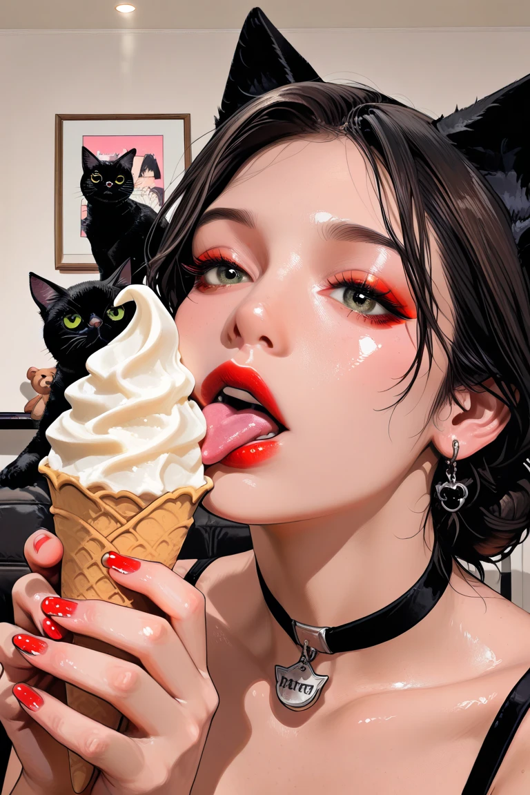  Illustration of a black cat,place a black cat in the center of the screen,I wear a choker on the black cat, ,holding a black cat,the black cat is placed in the center of the screen,the woman can be seen through the camera、Only hands are shown,teddy bear illustration ,  Vivid details,  artilove blow style    , ,  close-up photo , photorealistic  ,  very detailed,Cat ears/(masterpiece/top quality/high resolution)Hydrated red lips/"shiny skin that floats on the lower back"nails/lick soft serve ice cream//