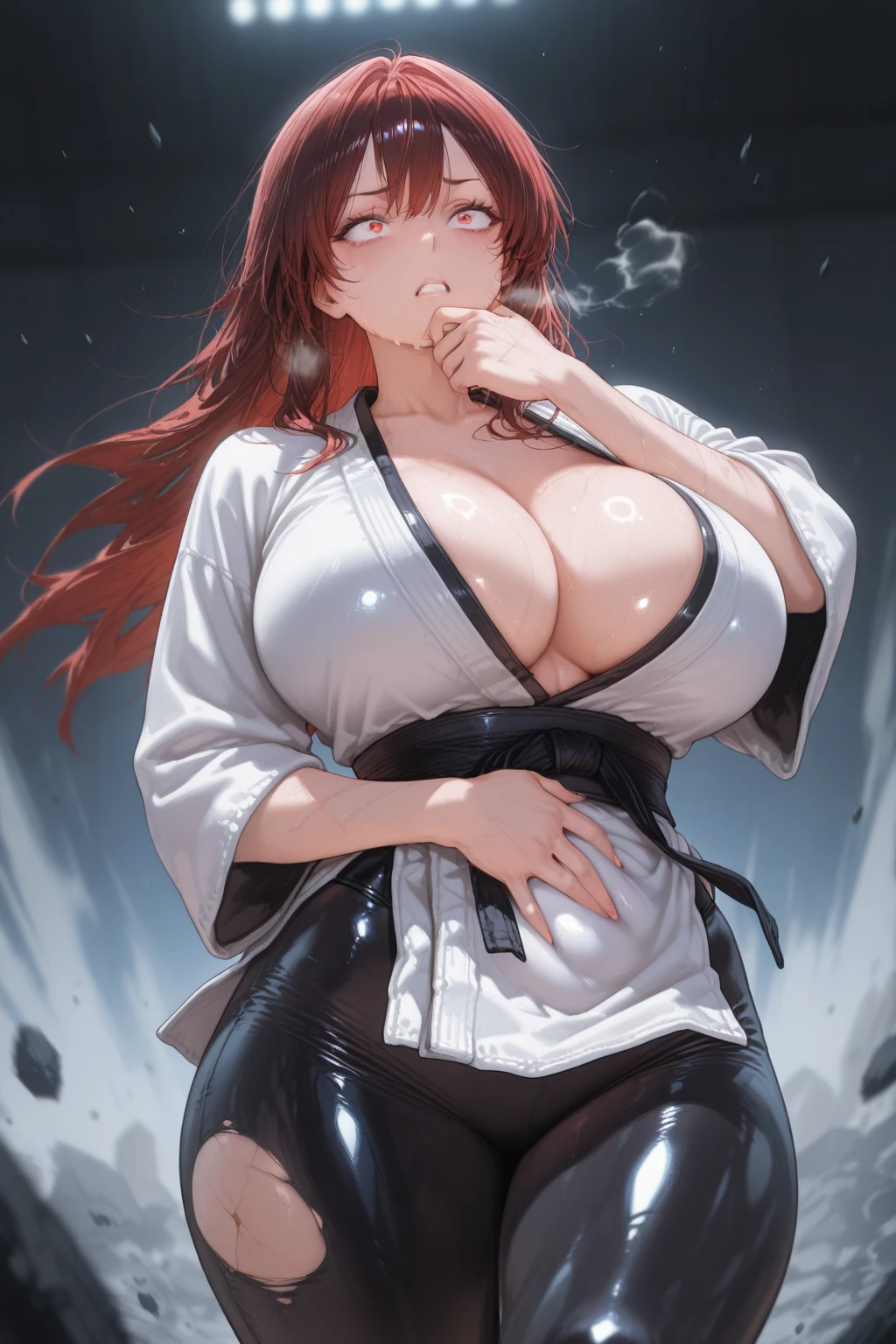Woman taking off her clothes and showing her nipples, nipples, nsfw, spread legs, see-through panties, (((masterpiece))),(((High resolution)))、(((8K quality)))、(((Perfect Face)))、((Top quality eyes)), Attractive 40 year old woman, Very cute face、Anime Style、wavy hair, medium hair, ((hair over one eye)), red hair, small eyes, brown eyes, Beautiful Eyes、red and thick lips、Big Breasts、Cleavage, (Judo uniform), from above, full body, lying, on back, Sleeping on your back、On the tatami、Rub your own breasts、Sexy look, smile, Arena with Judo hall at Olympic venue,