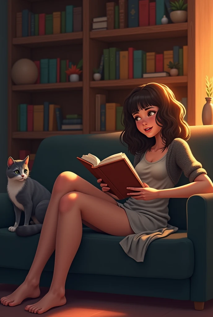 girl whole body relaxed, wearing bikini , a thin coat worn over, lying reading by the window, birds singing, flying notes, cat playing guitar, The girl reading the book is called “Life is easy”, on the wall hangs a picture that says "Relax" & Laugh”,
