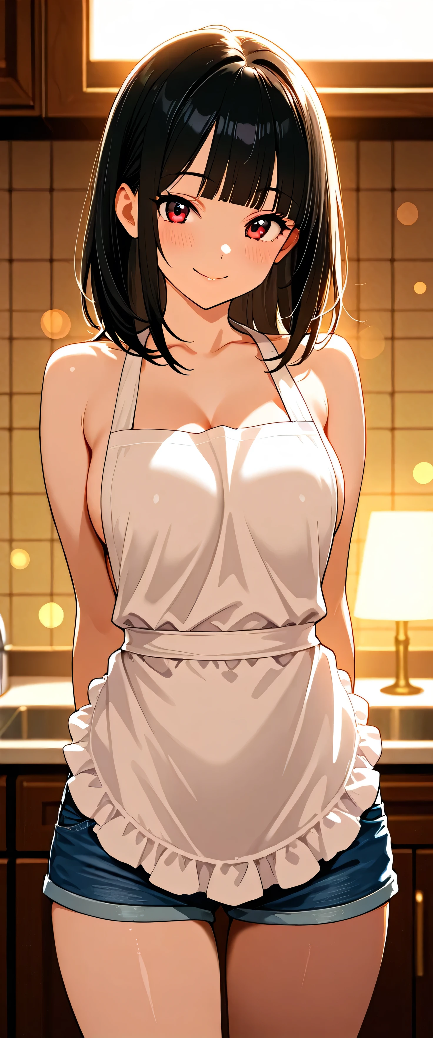 One girl, alone, Long Hair,Brown Hair,Side bust, Exposing shoulders, jewelry, clavicle, Earrings,smile, necklace, apron,High resolution,8k,Realistic,masterpiece,red apron
 