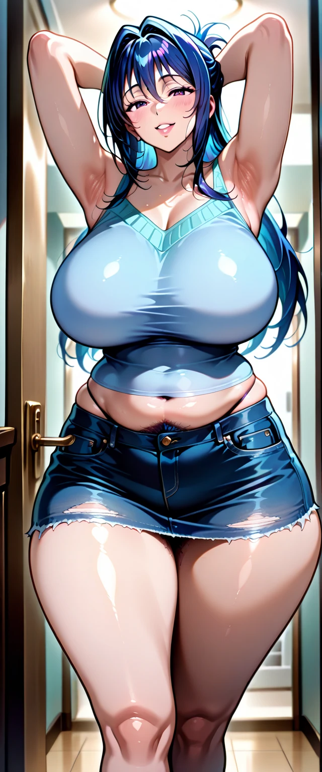 (masterpiece), best quality, expressive eyes, perfect mannequin succubus girl hybrid face, long cyan and blue hair, reddish red eyes, glasses, happy, navy blue tank top, gold necklace between her breasts, black sports mini shorts, perfect mega big breasts, thick thighs, perfect big ass, boutique ,transforming into plastic mannequin, nfsw