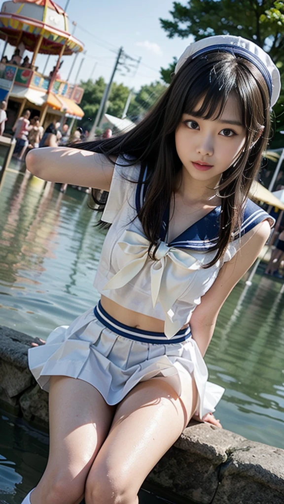 A beautiful 15 year old girl、Shooting from below、Sailor suit、Peeking inside the skirt、White panties