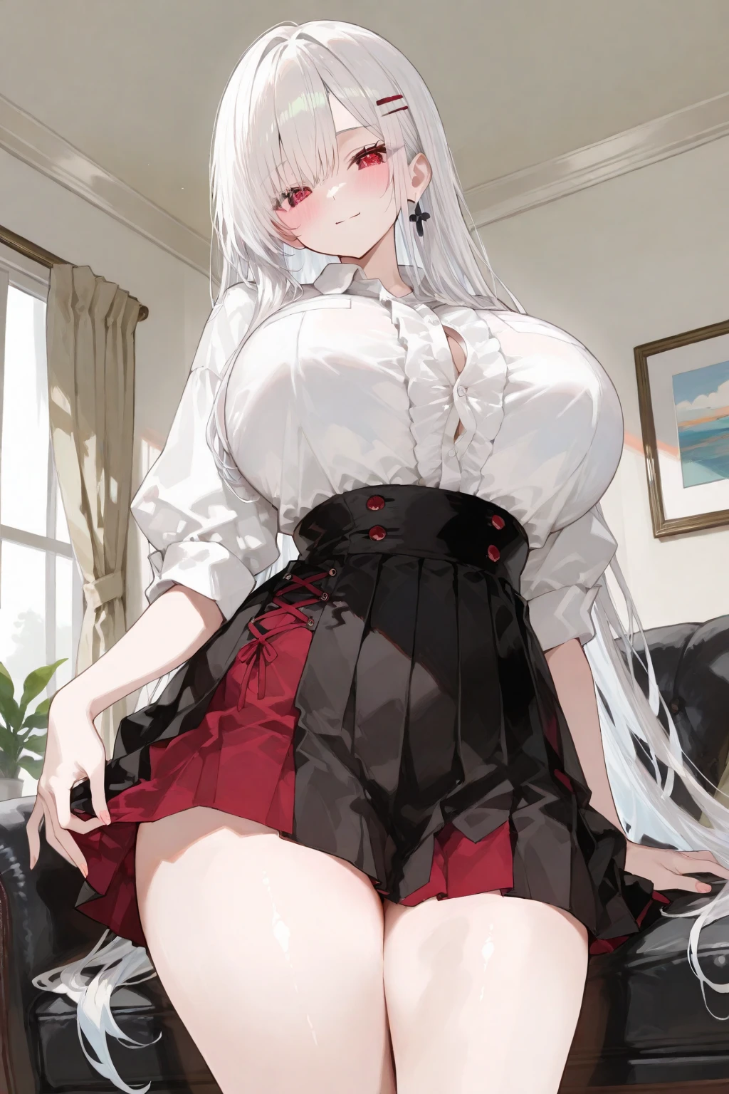 1Woman milf “"Giant breasts" + "large rear" + "wide hips" + " tiny waist" + "plump thighs" + "gray eyes" + "Long black color Hair" + "Red Lips" + "Lucious Lips"”)}, {“Outfit”: big red pointed horns, fangs, black top, red skirt, red pointed nails, black high heels, Reddish lace bow on the thigh