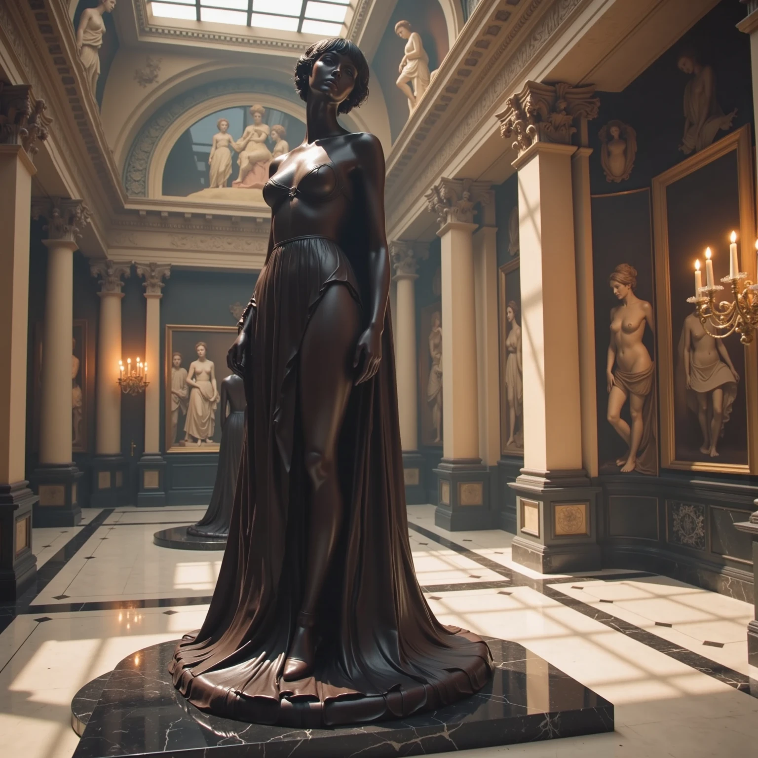Marble statue of three water dancers (female), red and black hair, well-proportioned long limbs, (naked: 1.4), dark cavern, spotlights, high contrast, masterpiece, highest quality, best image quality, cinematic lighting, photoreal