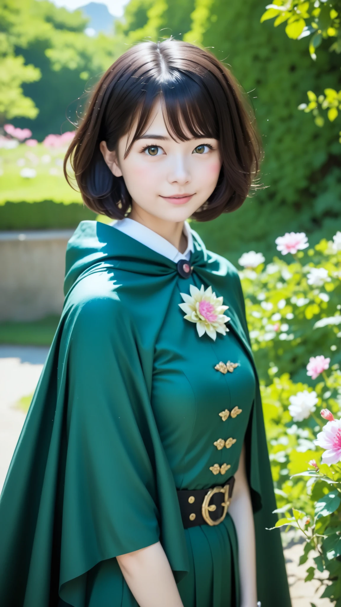 Ivyの貼ったwhitewall、whitewall、whitewallの前に花束を持った女性が立っている,   is so cute 、 TEENAGER , super cute girl、  black hair、 short hair,   Short Bob with Sisters 、  lo-fi girl  , Ivy, wearing blue-green clothes,  with flowers, with cape, cape, green clothes,  photoshoot, Smooth input _ Background,   lo-fi girl  のaesthetics, 🤤   Portrait of a Girl  ,   beautiful !!, LONGWEAR  ,  loose clothing,   relaxed attitude  ,  aesthetics