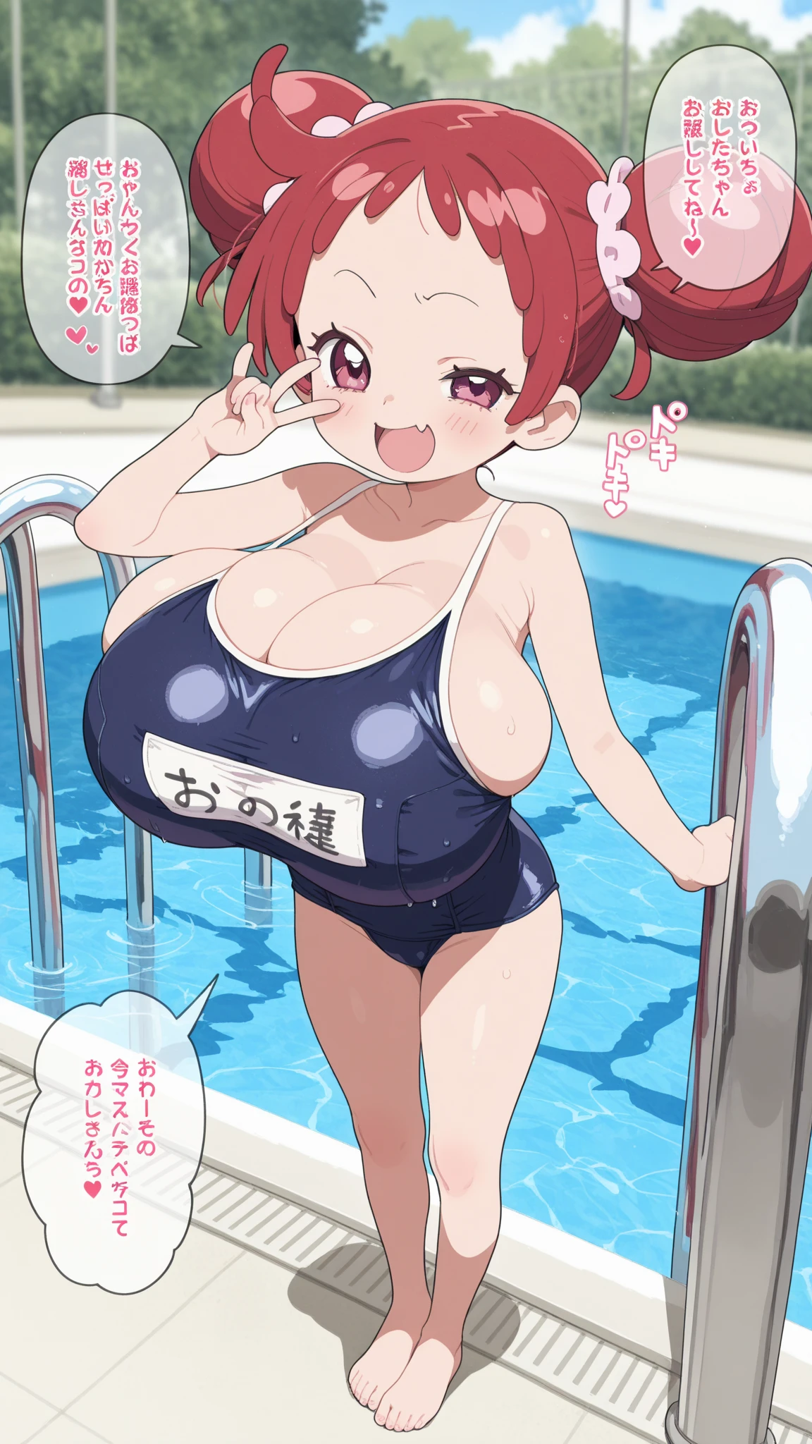 Unreal Engine 5 Realistic Rendering, wearing cosplay Shenhe from genshin impact, (cover manga magazine:1.6), game character, cosplayer, Standing on kyoto castle, beautiful face, top body is hyper realistic thicc muscle and hyper largest_breasts!! with the type of boobs_melons, lower is huge buttocks, wet shiny body, short red hair, latex transparent suit cleavage, butt, ass, bubble booty