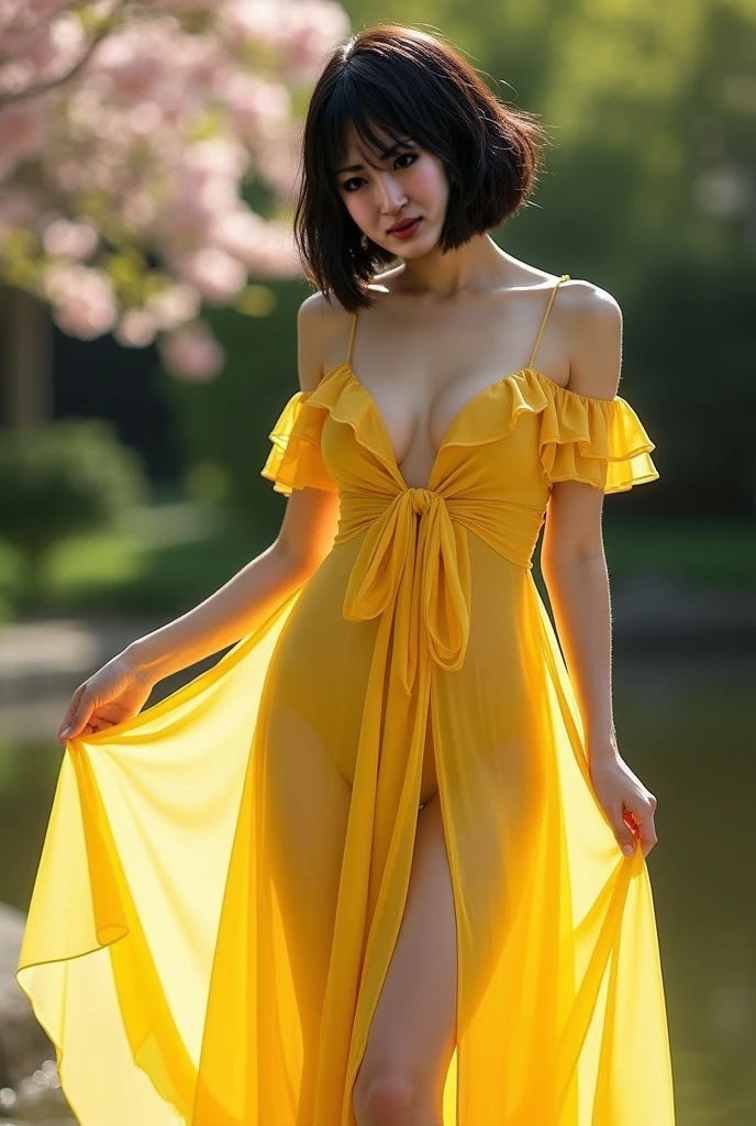 ((Highest quality, 8K, masterpiece :1.3)), (Sharp focus :1.2, Beautiful woman with perfect figure :1.4, Slim Abs :1.2), ((Big Breasts, Emphasize cleavage:1.3)), (Photorealistic:1.4), (realistic:1.4), (Short Bob Hair, Light brown hair:1.5), Highly detailed face and skin texture, Fine grain, double eyelid. Makeup face, A little bit of lipstick, sex appeal, Sexy gravure pose, ((A beautiful woman wearing a yellow see-through dress、Posing in the garden、walk sexy。:1.3)