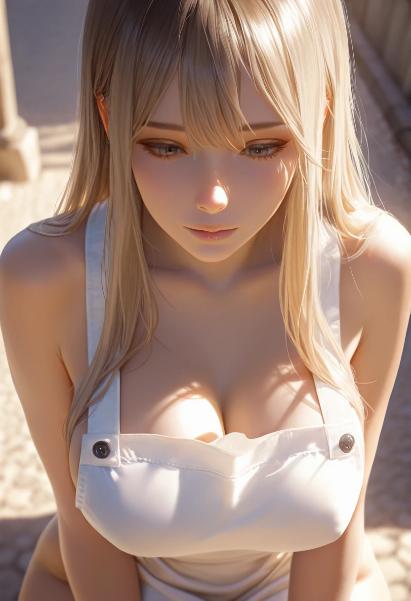 ((Best Quality)), ((masterpiece)), (Very detailed), 1 girl, with a white tight dress, miniskirt, neckline, big breasts,blonde, looking at the viewer, ((Whole body)),((front view)),((view from above))