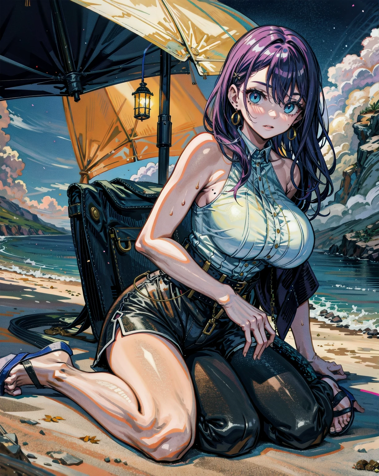 (masterpiece), best quality, expressive eyes, perfect face, 1girl, official, head, pink eyes, purple hair, sunglasses, eyewear on head, star-kafka, beach, large breast, armpits, hands behind head, sweating, wet, from side, cowboy shot
