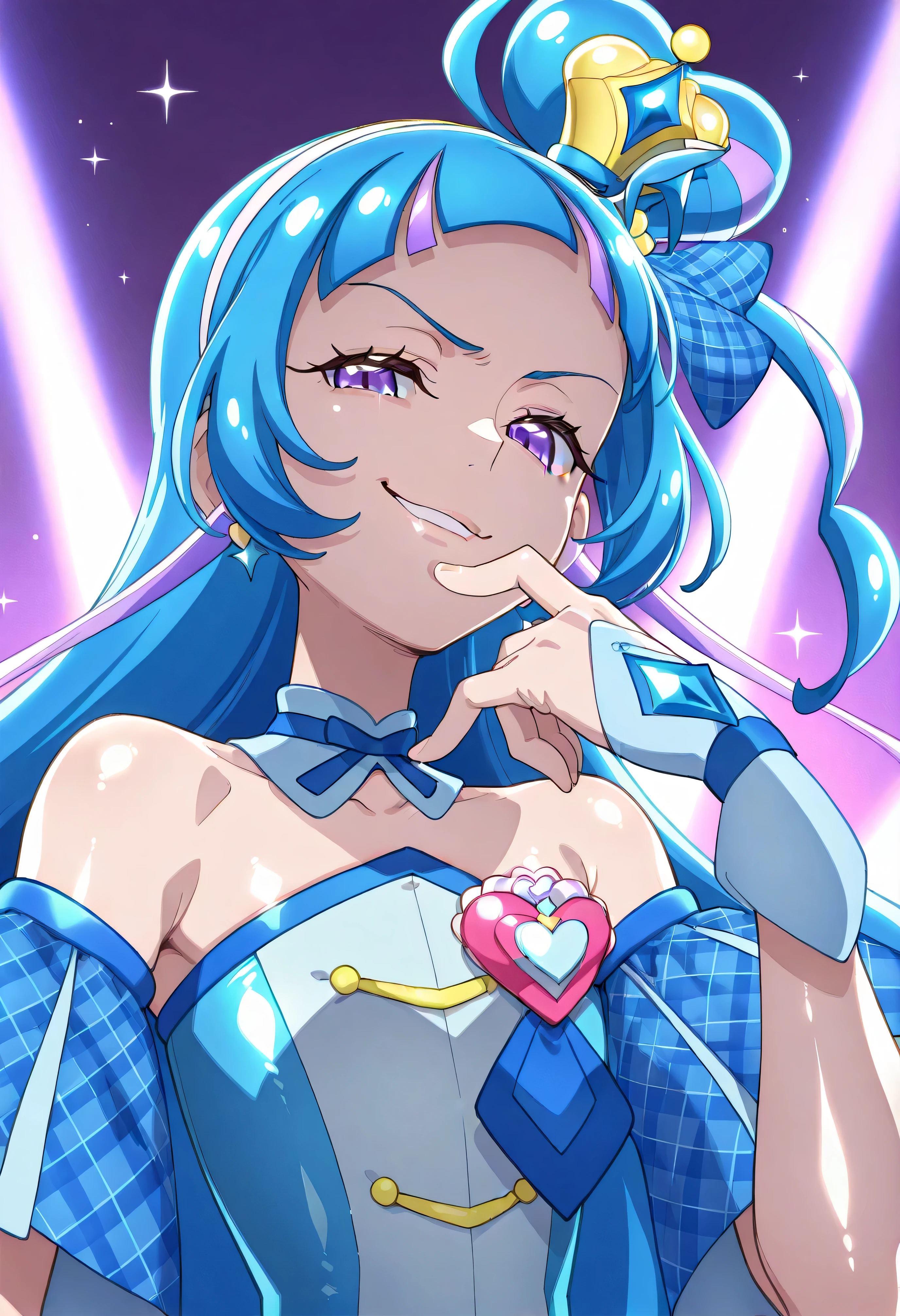 、  look down、from below、 BREAK、cure ink 、Cure Winx  、idol you and idol Pretty Cure blue hair、Magical Girl、 mini crown、PURPLE EYES, blue dress ,Angled hat,Very Long Hair,sober bang,Bareshoulder,Headband,,,nsfw,(Smirk:1.8),obscene,top quality,very detailed images,single,1 girl,(shiny skin:1.7),