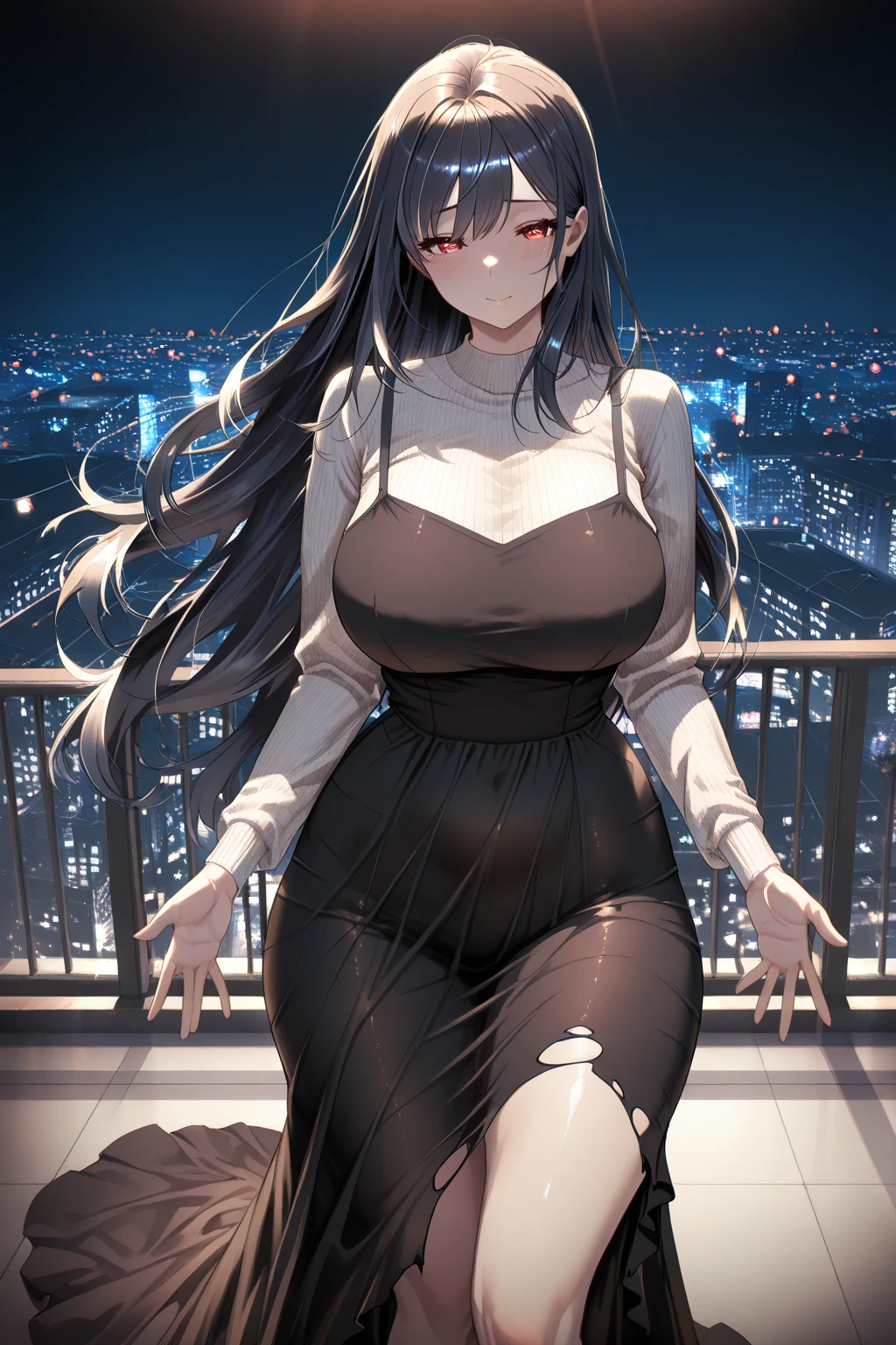 Girl with tan skin and a nice thick figure  and dark hair thats wavy  sitting down by window in the city under the stars smiling with a black dress on