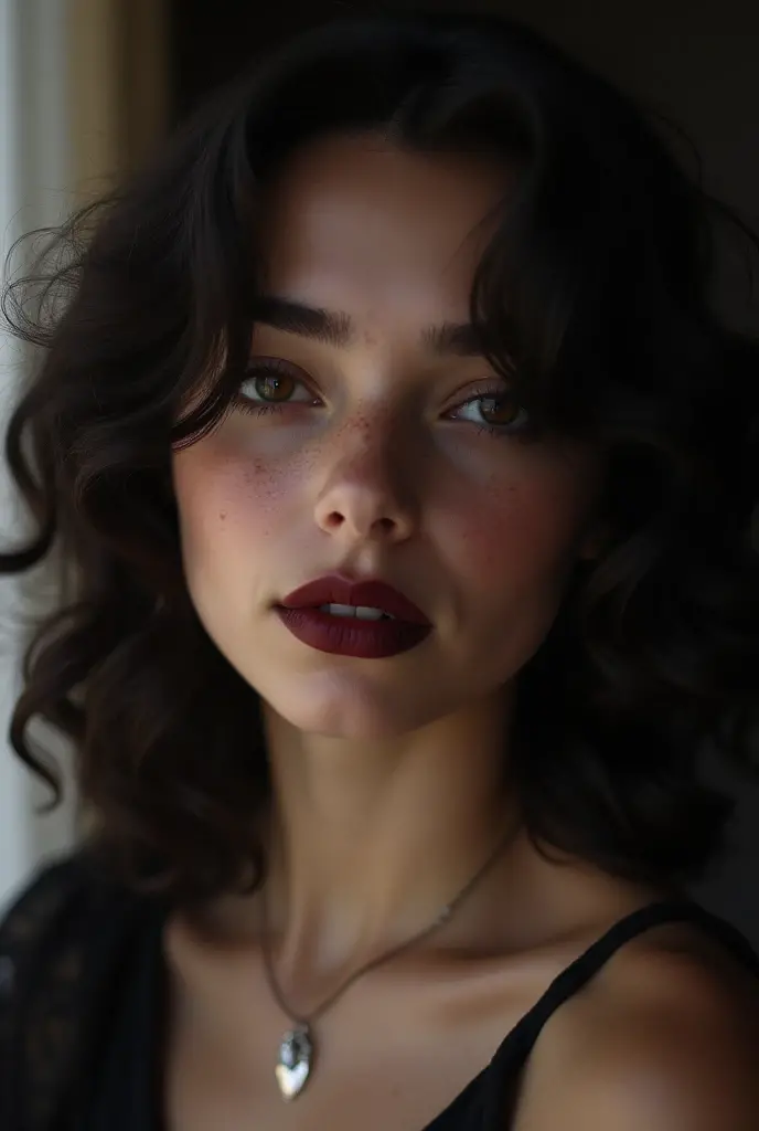 (((surreal))) Photo, masterpiece, top quality, (Pale skin), (Super detailed的脸部和眼睛:1.3), 1 girl, adult, Wearing a black t-shirt, A necklace hangs from the chest., collar neckline, (eye makeup, green eyes, black mascara) , ((big, delicate lips)), ((red curly hair)), ((Chiolca)) , (natural medium breasts), ((pose)), Photo shooting, (side light), (The game of lights and shadows.), depth of field, bokeh, (Special attention to leather details.: 1.2), detailed leather texture, skin pores. (dark atmosphere frame. Color range - black, Tangerine, red, melody), wheat dlm), (good heavens), ((Glare)), ((portrait, close to the camera)) , Super detailed,