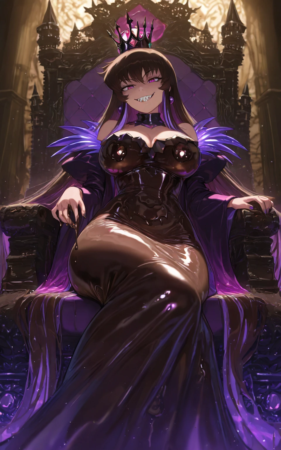 ((best quality)), ((masterpiece)), (detailed), perfect face, solo, alone, masterpiece, wagashi, tokoyami towa, purple hair, medium hair, twin drill hair, gold eyes, pointy ears, streaked hair, sidelocks, hairclip, latex top, heart cutout, skirt, ((big breasts)), cleavage, smug, smirk, (mesugaki expression), (fangs, sharp teeth), from below, sitting on throne