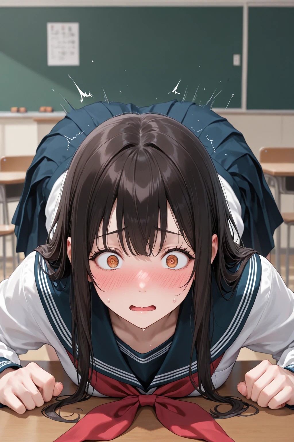 score_9, score_8_up, score_7_up, score_6_up, source_anime,uncensored,school,classroom,
BREAK
small breasts,(1girl:1.3), small breasts, long hair, twintails, thick thighs, (black hair), black eyes, constricted pupils,surprised, school uniform,
BREAK
1boy, penis,pov, (irruhandles,oral,fellatio,deepthroat,irrumatio,grabbing another's hair ),motion lines, saliva, saliva on penis, cum in mouth,