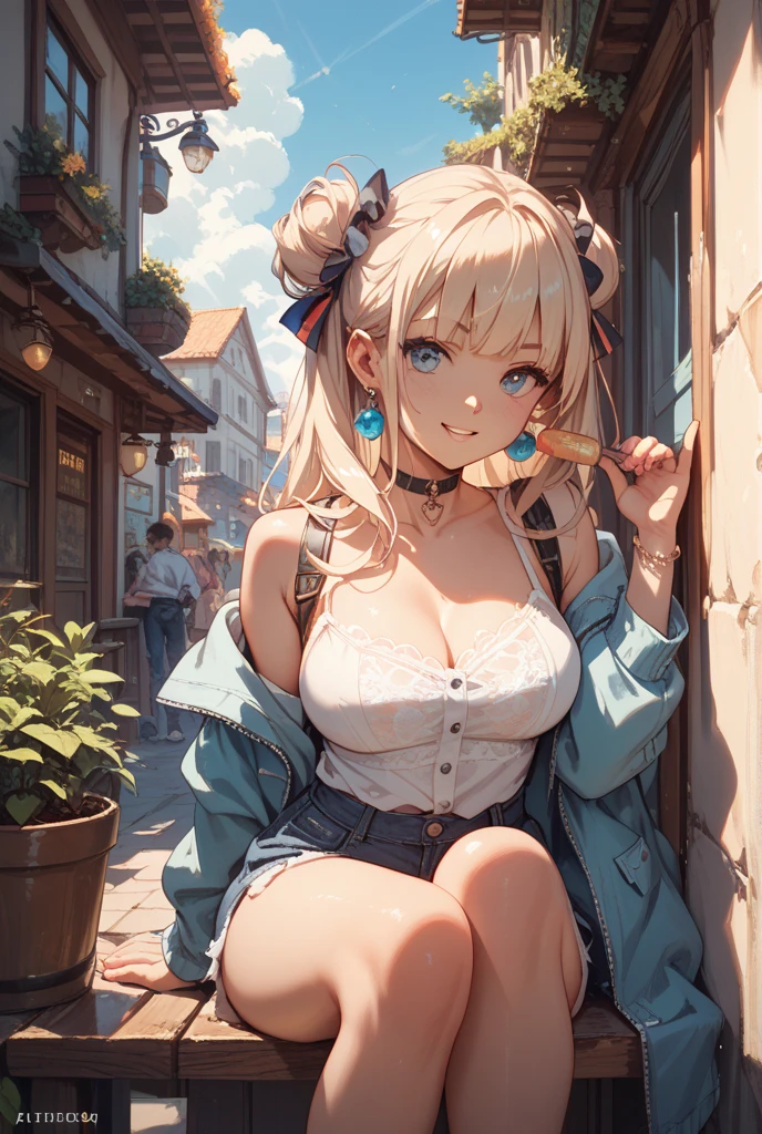 ((masterpiece, Highest quality, Very detailed)), anime CG,
One girl, 20 years old, gyaru, gyaru-style makeup, BREAK ((brown skin:1.3)), ((tanned skin:1,3)), ((blonde)), Long Hair, blunt bangs, wavy Hair, BREAK ((grey eyes:1.3)), ((slant eyes:1.3)),((thick thighs)), medium breasts, focus lip,
((lots of pierced earrings, silver chain necklace, silver bracelet)),
((bare belly button, belly piercing)),
BREAK looking at viewer, cowboy shot, evil smile, ((open mouth)), ((tongue out)), ((sitting on a wooden benche)), ((hand up)), ((hand in own hair)), ((crossed legs)),
BREAK ((white halter neck camisole)), ((denim mini skirt)), ((cleavage)),
BREAK Outdoors, Amsterdam cafe exterior, daytime, large windows, sunny terrace seating, wooden benches, bicycles parked nearby, Dutch architecture, cozy atmosphere, (iced coffee glasses on table), people sitting at outdoor tables, pastries, warm colors, soft natural light,