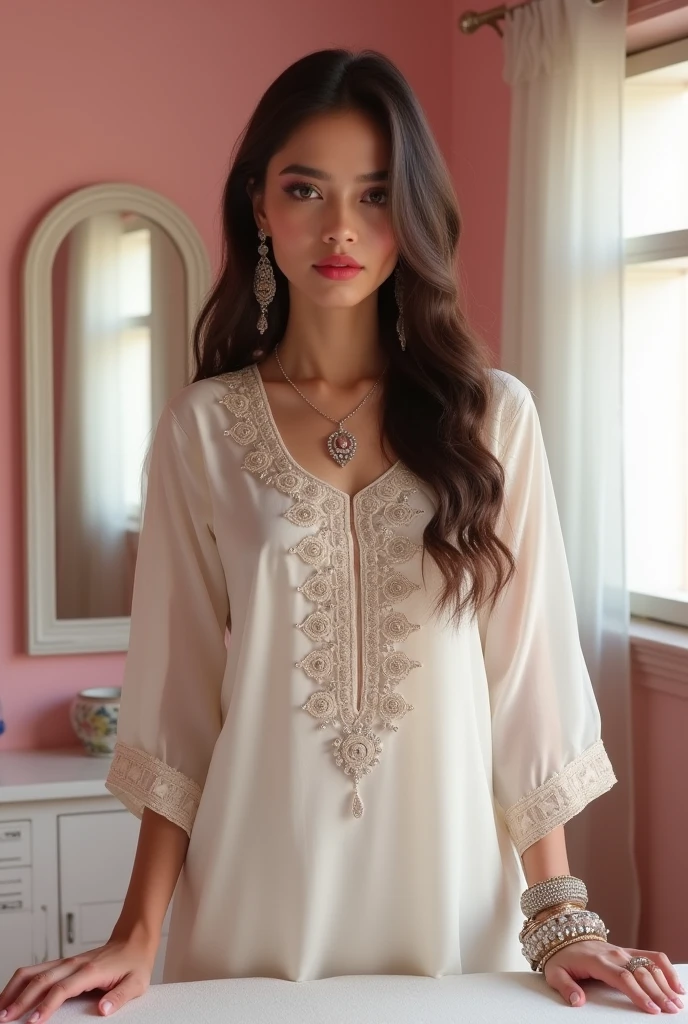 Wavy brown hair, (RAW photo, realism: 1.8), (very dark lip gloss, jet black lipstick, many eyelashes, dark black eye shadow, shy, blushing, high quality, high resolution, depth of field, chromatic aberration, caustic, wide light, natural colors, 30 year old woman), necklaces, chokers, earrings, bracelets, wear many accessories, wearing traditional Pakistani clothes, white color dress, and white hijab, woman very big , soft skin, white skin, slim nose, beautiful eyes, The Casual Hip Stance poses, 8k results, high resolution, realistic,