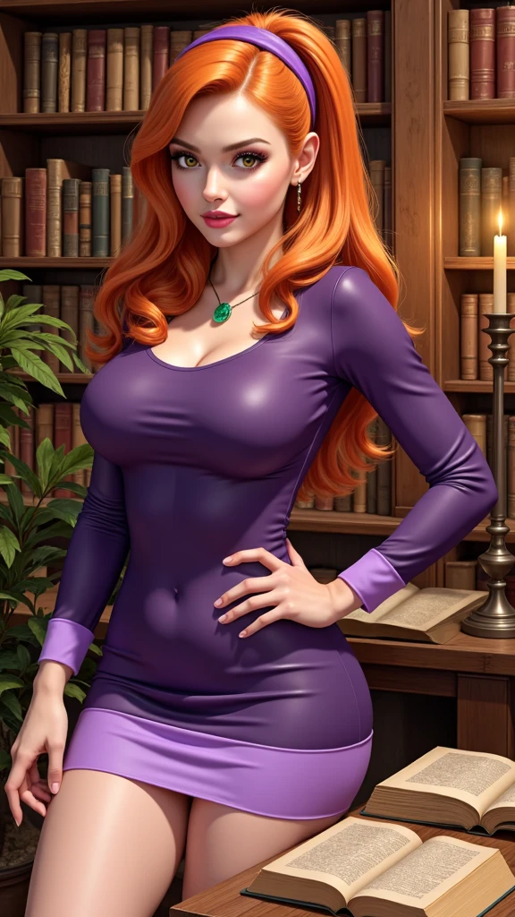 Lucy Pinder, portrait, face portrait, red lips, smiling, cleavage, voluptuous woman, chubby woman, straight hair, orange hair, long hair, short dress, long sleeve dress, ((purple dress)), green ribbon on the neck, pantyhose.