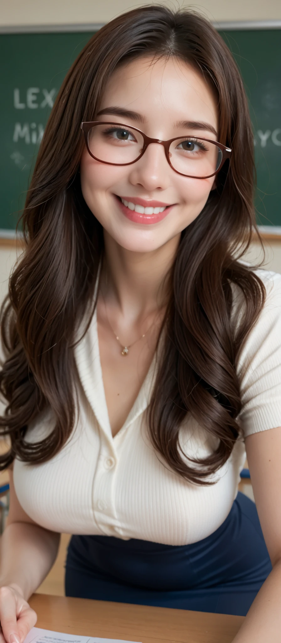 female, milf, teacher, lean forward, in classroom, smile, glasses, covered tight gigantic breasts, front of blackboard, tight white blouse, tight skirt, high tights, long socks, high heels, ((close up face)), from pov, (((detailed wide glossy dark brown hair))), oily thin lips, late night, arm to viewer, drill hair,