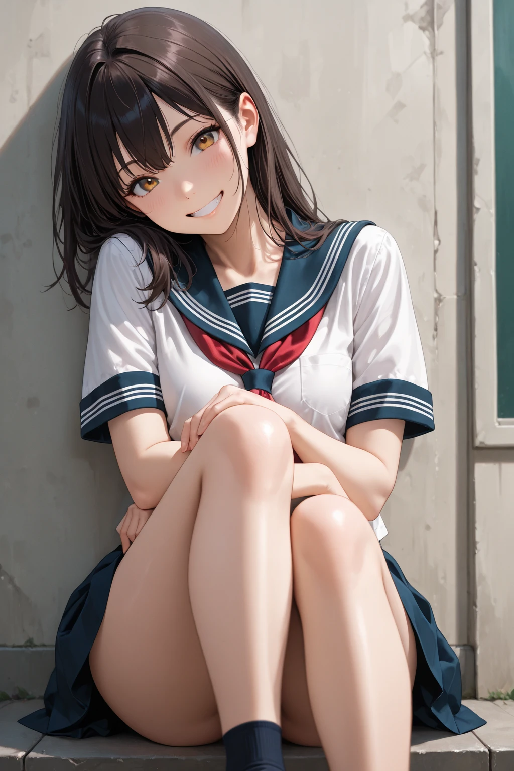 One person、One personで、An 18-year-old high school girl takes a photo wearing a short-sleeved white sailor uniform、victory、Twin tails、Tsundere、masterpiece、High resolution、Sharp focus）、Navy Blue Shirt、Red tie、Navy and red checked mini skirt、cute、Japanese women、17 years old、sexy、Laughter、(Perfect ???????、Delicate and beautiful hands and feet)、Yellow Wall,Small breasts、Nogizaka idol、Slim figure、sexy、I can see your thighs