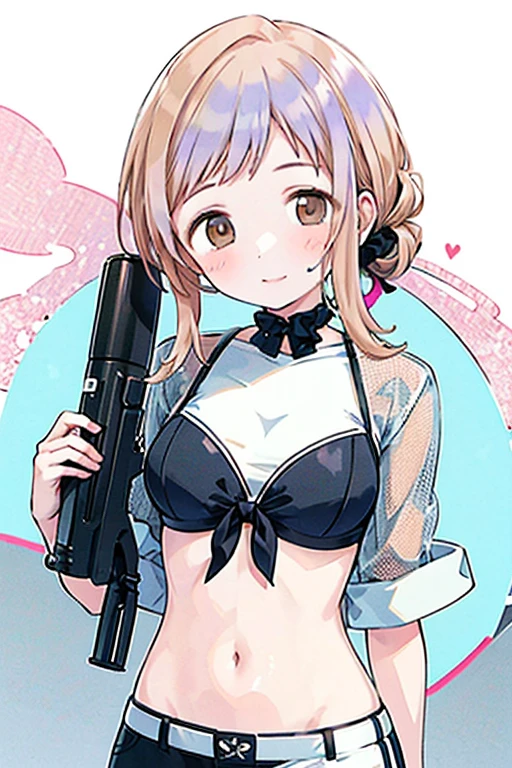 (masterpiece:1.2, best quality), (highly detailed:1.3), (magazine cover), 1girl, 18yo, teen,  (black panties), (black bra), black stockings, (holding a gun), serious, white background,