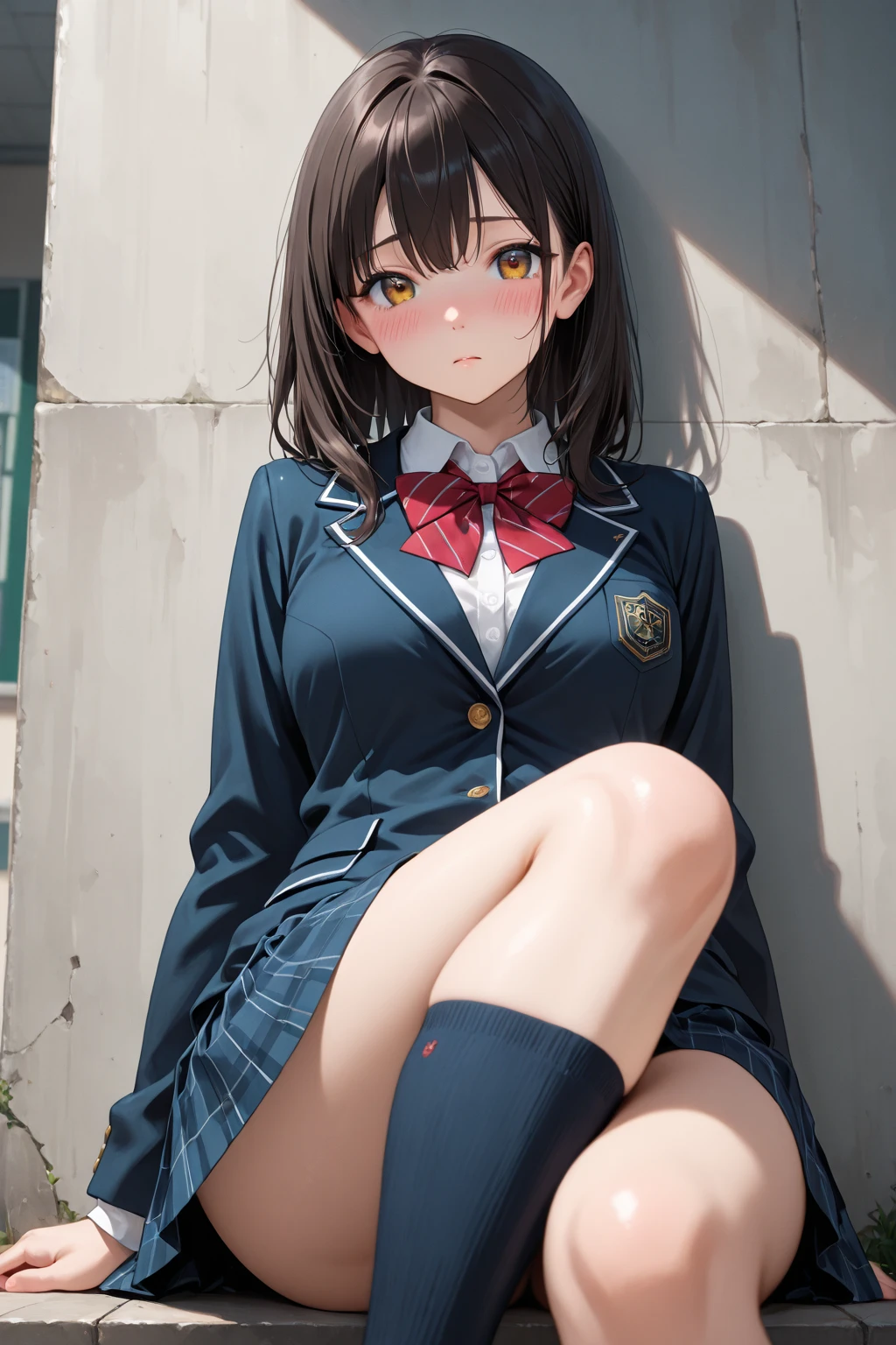 uniform、blazer、Miniskirt、White underwear、Black hair straight、Shortcuts、Embarrassed、Show off your breasts、Shoulder Bare、Blushing、Open your mouth、sit、Spread your legs、Bend your knees、Leaning against a wall