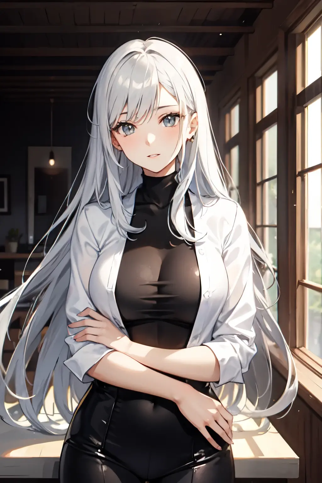 (Highest quality, High resolution, Very detailed), 1 female, Silver Hair, Long Hair, Reddish brown eyes, suits skirt, lace thong, Large Breasts, secretary, 24th generation, Beautiful woman, mature, thin, quiet, Calm, Large Breasts, A small smile, office,