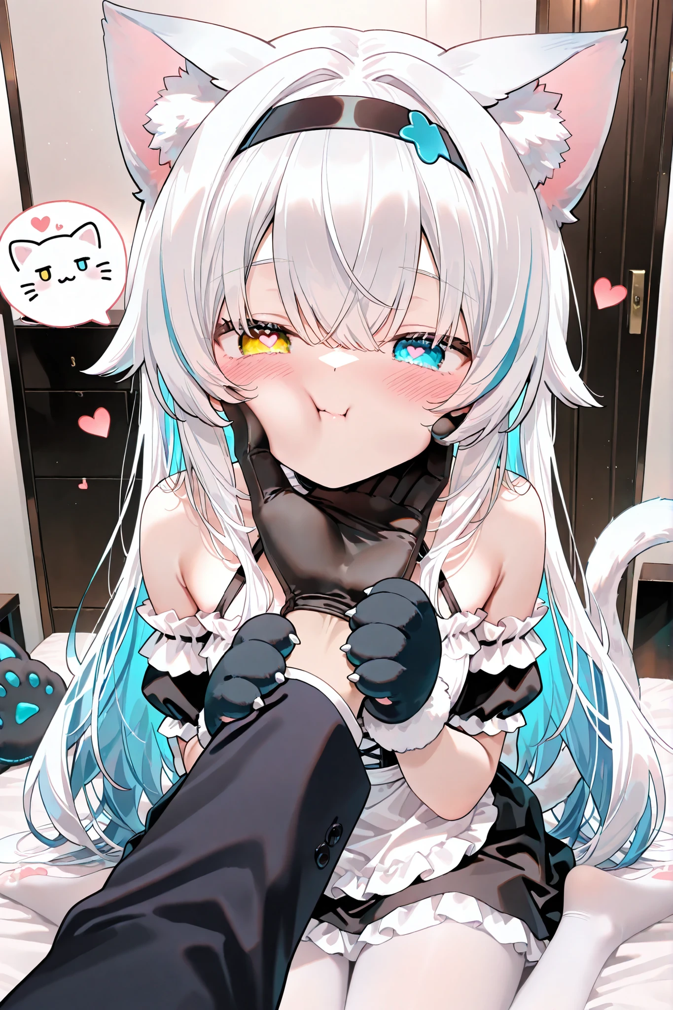 1 girl, animal hand, White Maid Outfit, Heart, paw Gloves, Gloves,long hair, cheeks squeezing , Put your hand on someone else's face, Cat's Paw, Put your hand on someone else's face ,,Raw Edge , Hairband, pupils in the shape of a symbol,Heart-shaped pupils, Blush,, Shut up, Bare Shoulders, Tail, Cheek press , cat Tail, exposed shoulders , black Gloves, 1other, Two-tone hair, Alternate clothing,, Animal ear plush,Heterochromia(Left blue right yellow),long hair,white pantyhose,Silver Hair,White hair,In the room,Close the other eye.