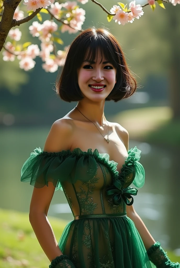 Fashion model 20 years old [[[[closeup cleavage]]]], [[[[boobgasm]]]], [[[[coll]]]], [[[[bshoulders]]]], perfect  eyes, Perfect iris，Perfect lips，perfect teeth，Perfect skin，with fair skin，Long face，slender nose，Soft front light，hdr，Movie girl，Casual，The background is outdoor，Green trees and flowers，（pastel colour：1.2）