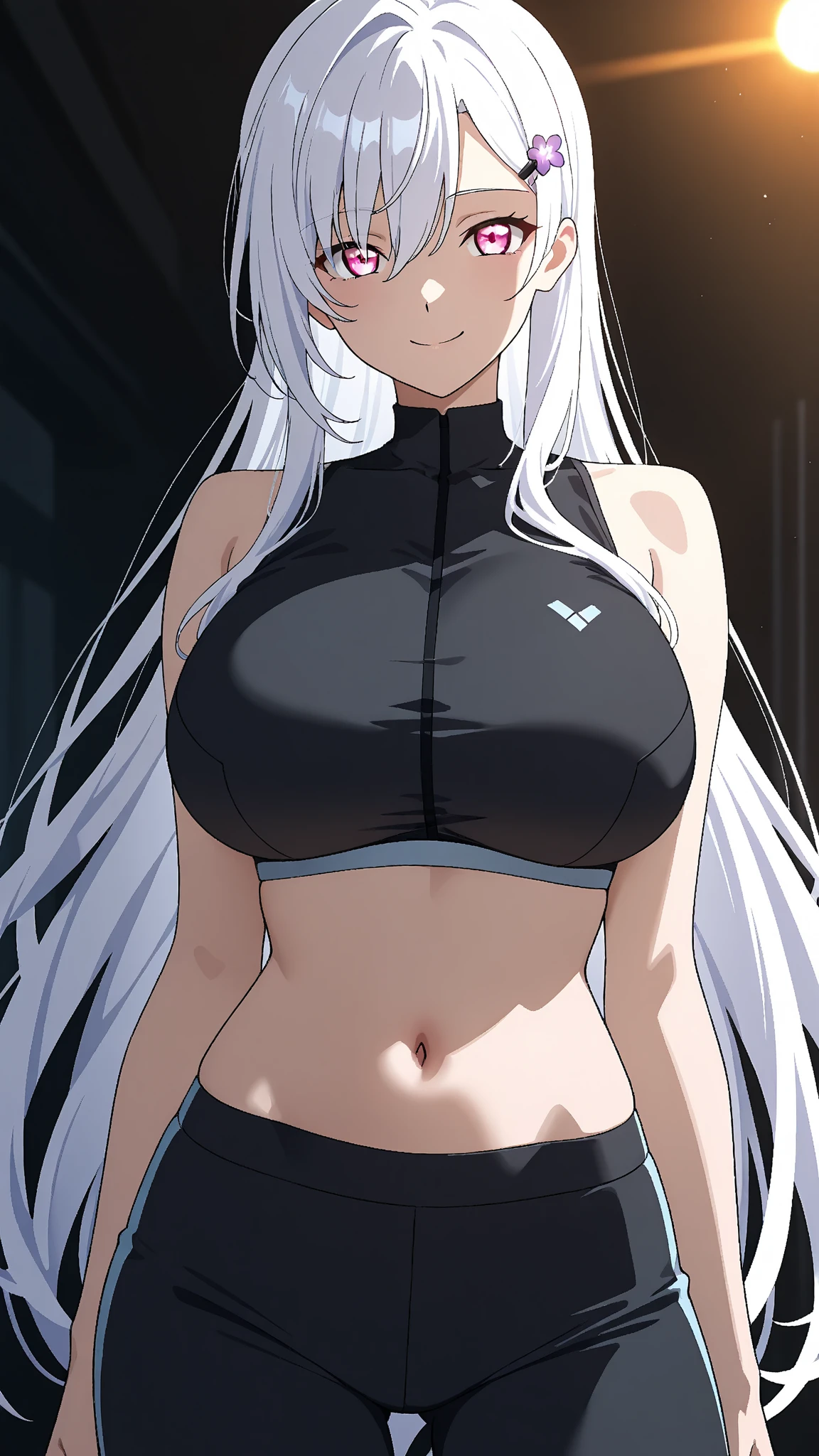 score_9, score_8_up, score_7_up, score_6_up, score_5_up, score_4_up, BREAK,blunt bangs,Gray Hair,Yellow Eyes,ponytail,big breasts,,Overflowing breasts,cap,Sports bra,Jacket,Street fashion,Erect nipples,Underboob,White background,Are standing,fine anime screencap_xl, anime screencap