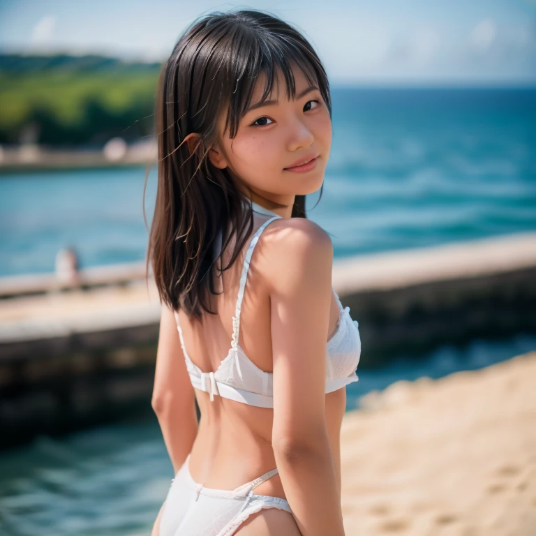 (Highest quality), (32K), (High resolution:1.5), (Masterpiece:1.5), marimo_jet, Beautiful face in every detail, god々A photograph with brilliant dazzling and healing power., Evoking a sense of calm and elusive beauty, Expressing emotions, Have a rich imagination, Beautiful Japanese Girls, ((Looking back:1.3)), An exceptionally beautiful face, Small Face Beauty, Perfect Human Anatomy, Magical big eyes, Motherhood and generosity, Deep Love, A fleeting smile, Shiny black hair, Beautiful long hair swaying in the wind, Asymmetrical bangs, Hair between the eyes, Transparent, soft white skin, Sharp eyebrows, Thin lashes, Natural Makeup, Cheek highlighter, Pale pink detailed lips, (Grey polka dot bikini:1.4), ((Horizon and cumulonimbus clouds:1.3)), ((Blue detailed sky:1.3)), ((Dazzling sunlight:1.4)), Professional photographer, Professional Lighting, Professional models, god秘的